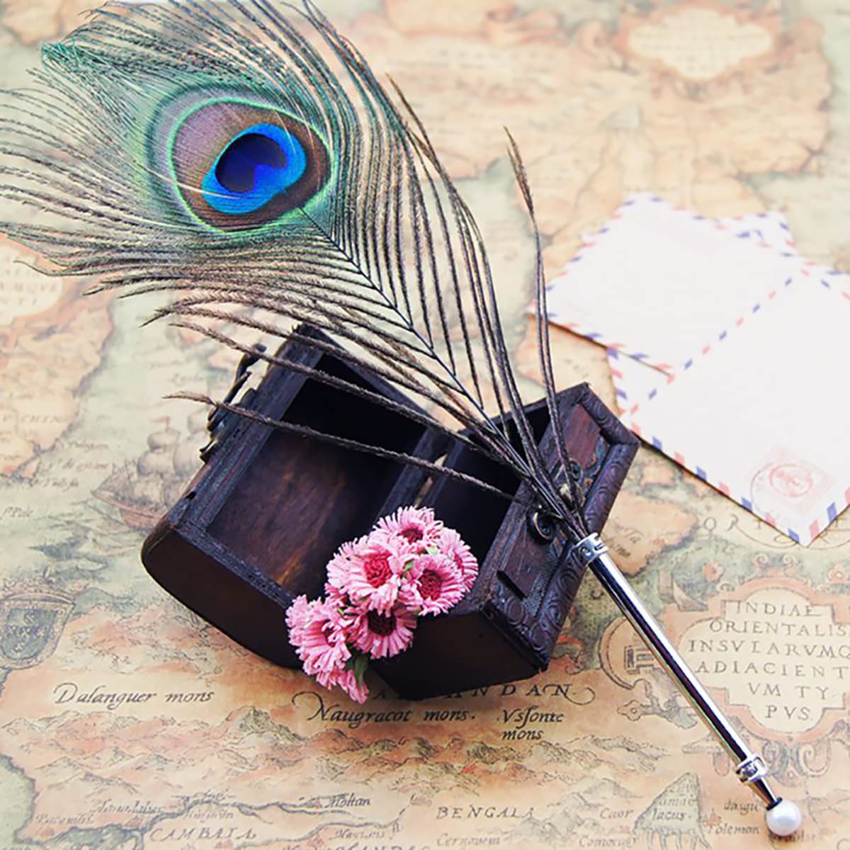 OPENDGO Peacock Feather Ballpoint Pen,Black Ink Vintage Feather Quill Refined Plated Rod Quill Ballpoint Pen For School Writing ▏Wedding Gift Signature Pen (1*Peacock Feather Pen)