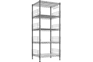 Bepatio 5 Tier Metal Storage Shelving with Side Blockers & Hooks, Adjustable Wire Shelves with Shelf Linker, Kitchen Rack Pan