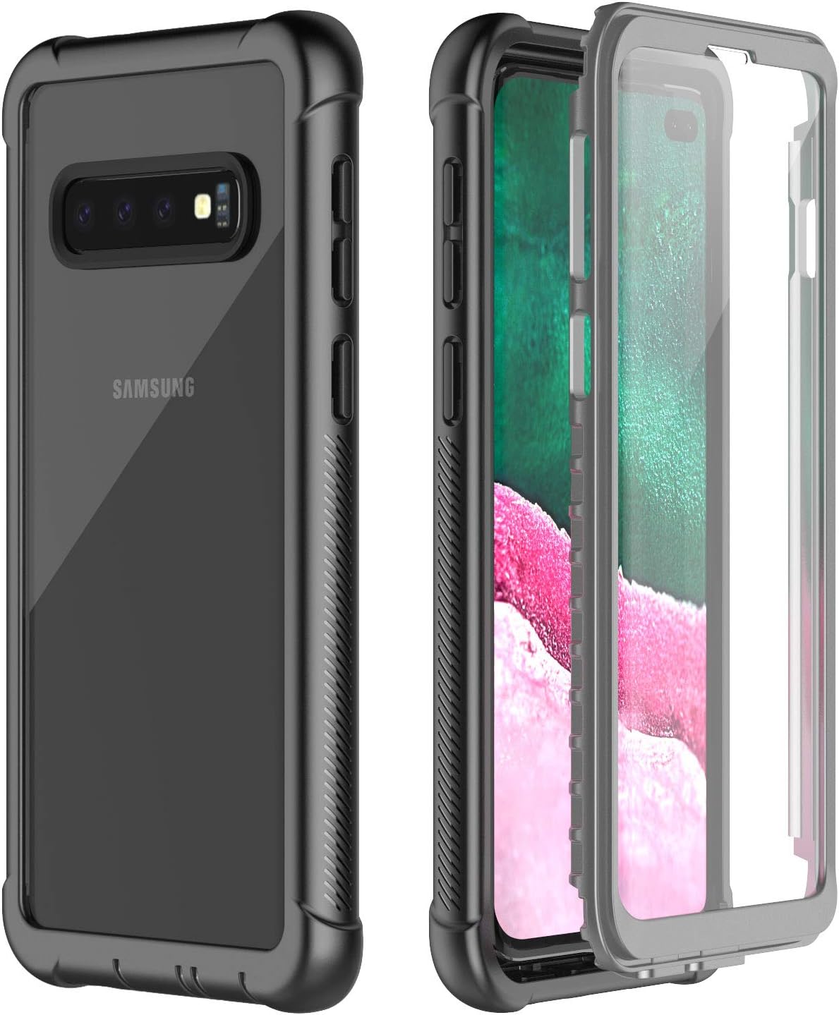 Pakoyi Clear Designed for Samsung Galaxy S10 Plus Case, Full Body Bumper Case with Built-in Screen Protector Shock-Absorbing Dustproof Slim Clear Cover Case for Samsung Galaxy S10 Plus -Black/Clear