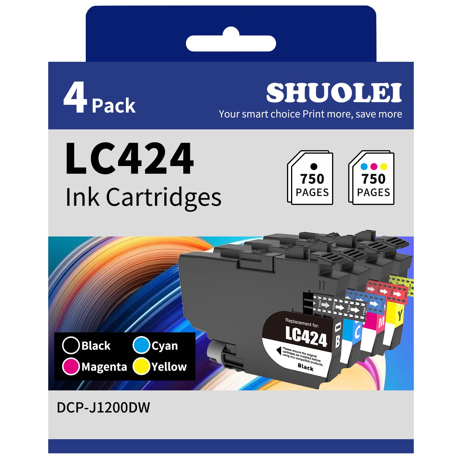 LC424 Ink Cartridges Compatible with Brother LC424 LC-424 Inkjet Cartridges Multi-Pack Standard Yield, for DCP-J1200DW Printers (4 Pack, Black Cyan Magenta Yellow)