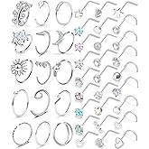 Kridzisw 18G 20G Nose Rings Studs Hypoallergenic 316L Surgical Steel L Shaped Screw Nose Rings Hoops Silver Heart Star Diamond Nose Piercing Jewelry for Women Men 42pcs
