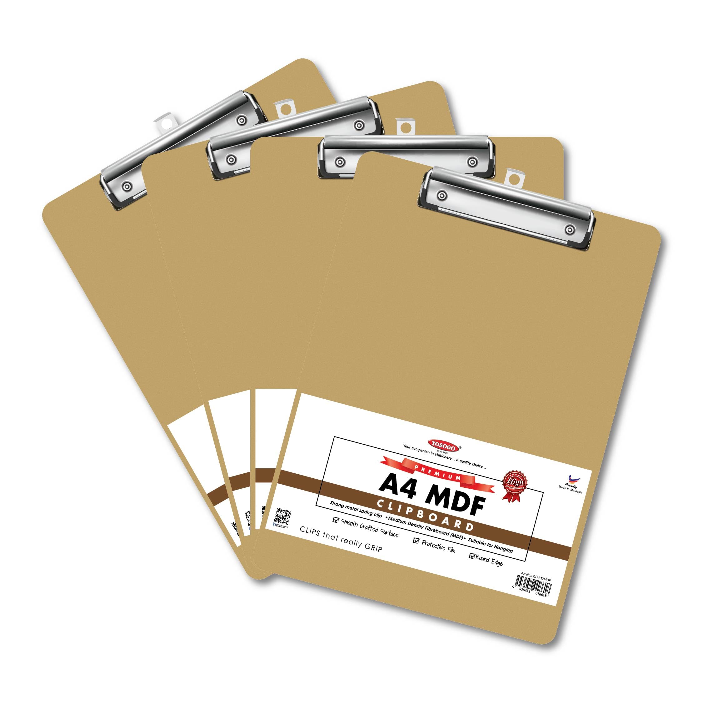 Yosogo A4 MDF Clipboards – Pack of 4 Durable Hardboard Clipboards with Low Profile Metal Clip, Strong Writing Surface for Office, School & Exams