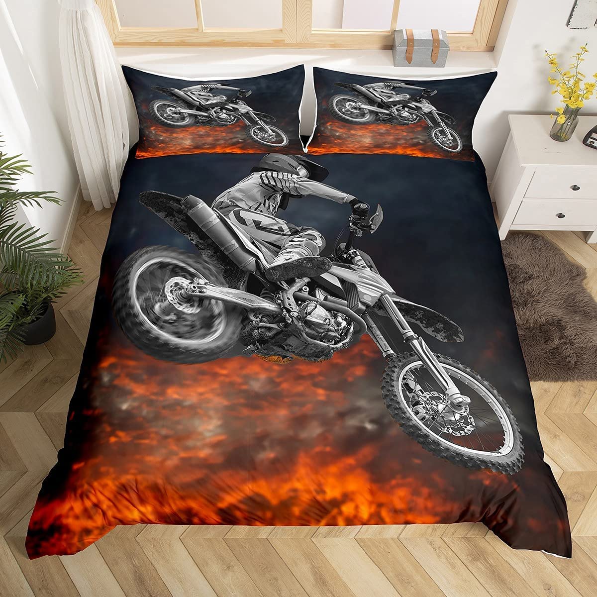Loussiesd Motocross Racer Bedding Set for Teen Boys, Duvet Cover Set,3 pcs 1 Duvet Cover 2 Pillowcases, Super King Size 3D Printed Motobike Scape Design Duvet Cover Set Bedding Set,Soft Microfiber