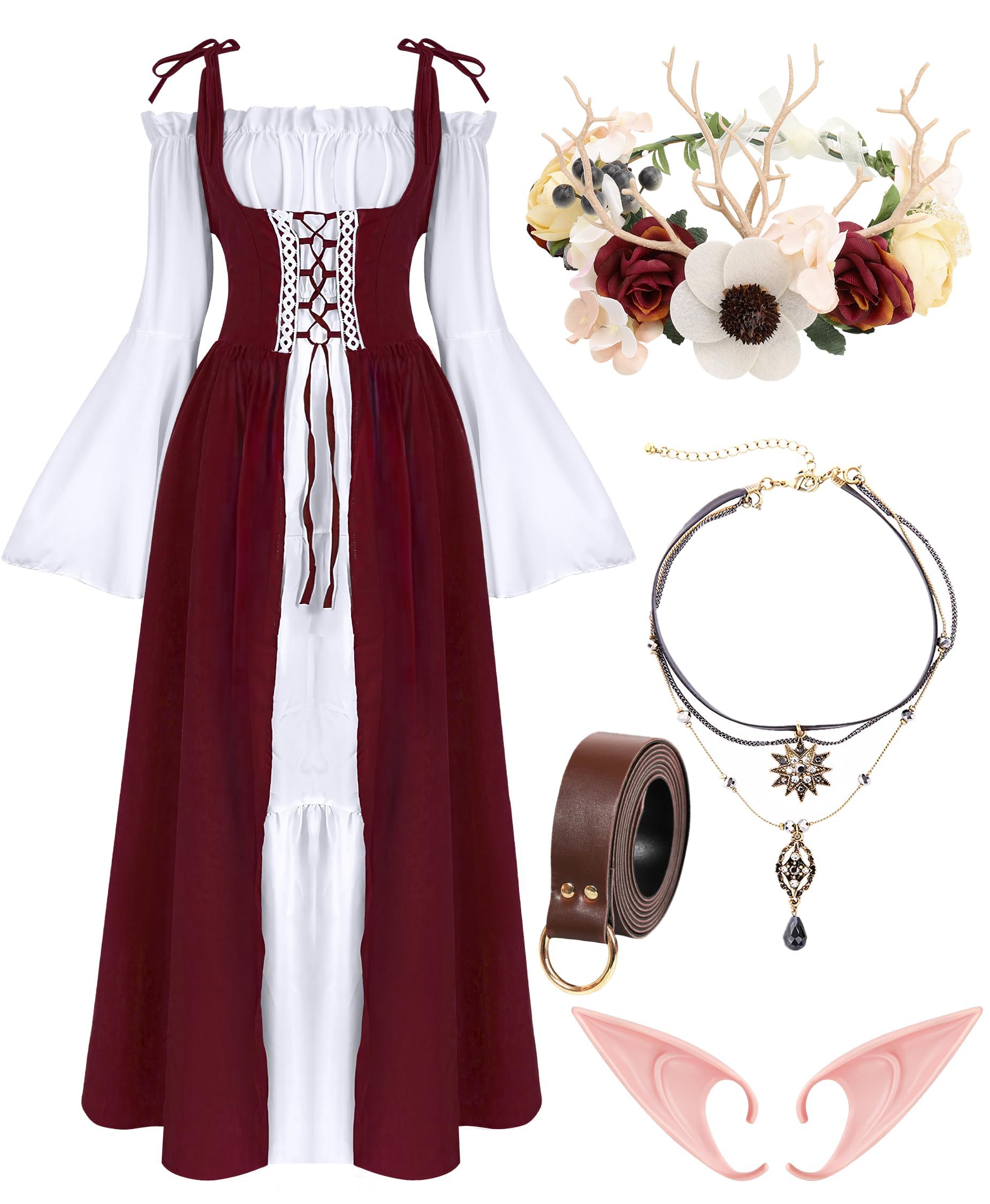 Photo 1 of **PARTIAL SET/ MISSING PIECES** VillbeCoser Renaissance Dresses Medieval Costume for Women Flower Crown Elf Ear Choker Necklace Leather Belt Fairy Redwhite