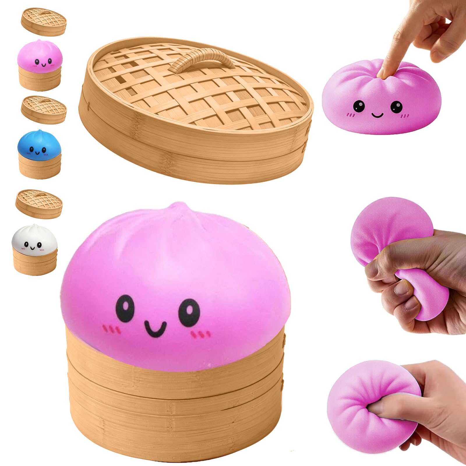 Dumpling Squishy Toy, Big Mystery Dumplings Squishies Box, Cute Bao Bun Fidget Real Office Desk Decor for Adult, Soft Sensory Squeeze Ball with Steamer for Anxiety Stress Relief, Surprise Gift (Pink)