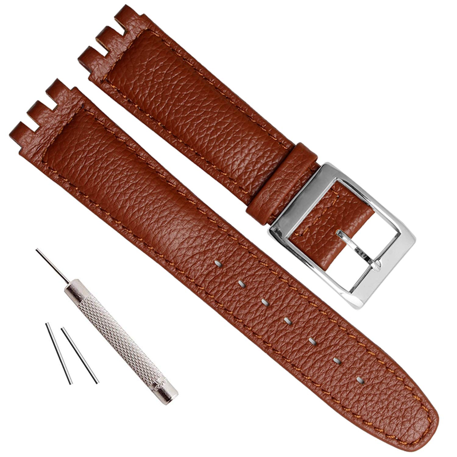 OliBoPo Alligator Grain Cow Leather Stainless Steel Buckle Watch Band Strap for Swatch (17mm, Brown Stitch/Brown)