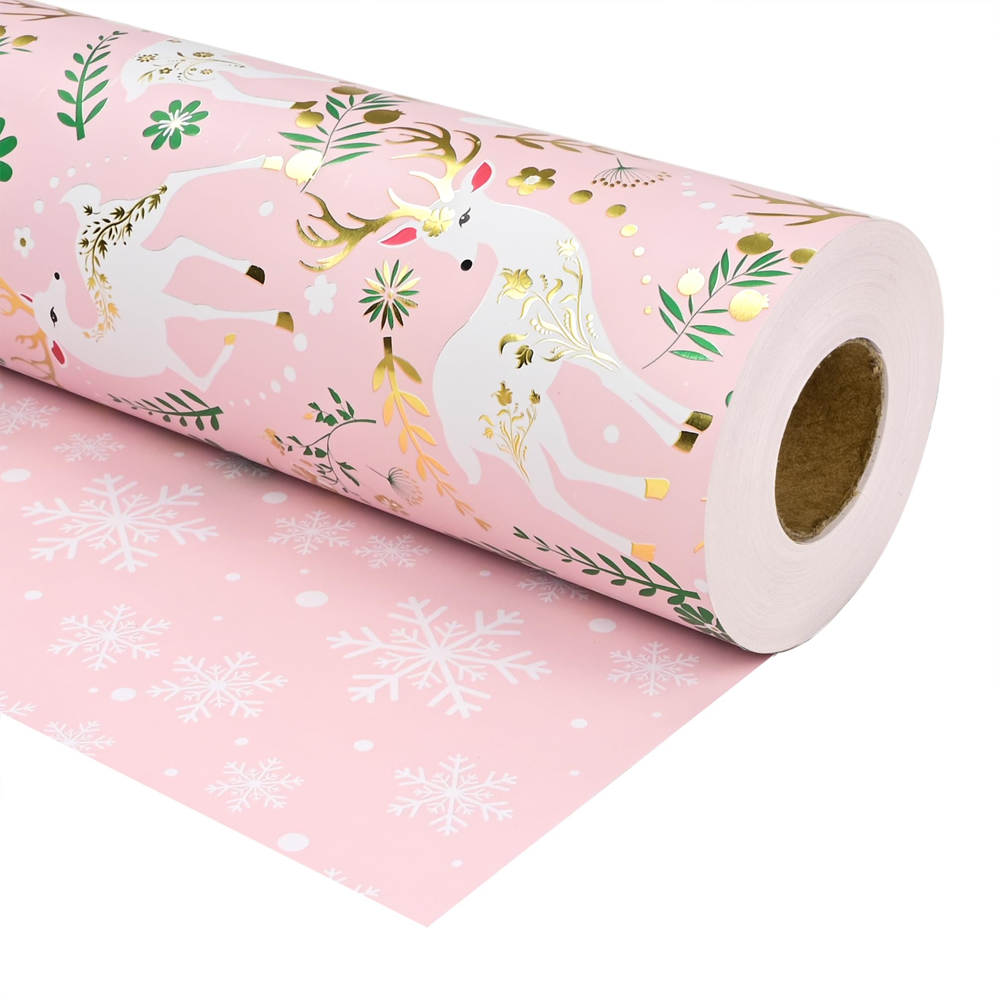 Photo 1 of Altarho Pink Christmas Wrapping Paper - Reversible Gold Reindeer and Snowflakes, for Xmas, Holiday, Party Celebration (Pink Reindeer, 17 Inch X 100 Feet)