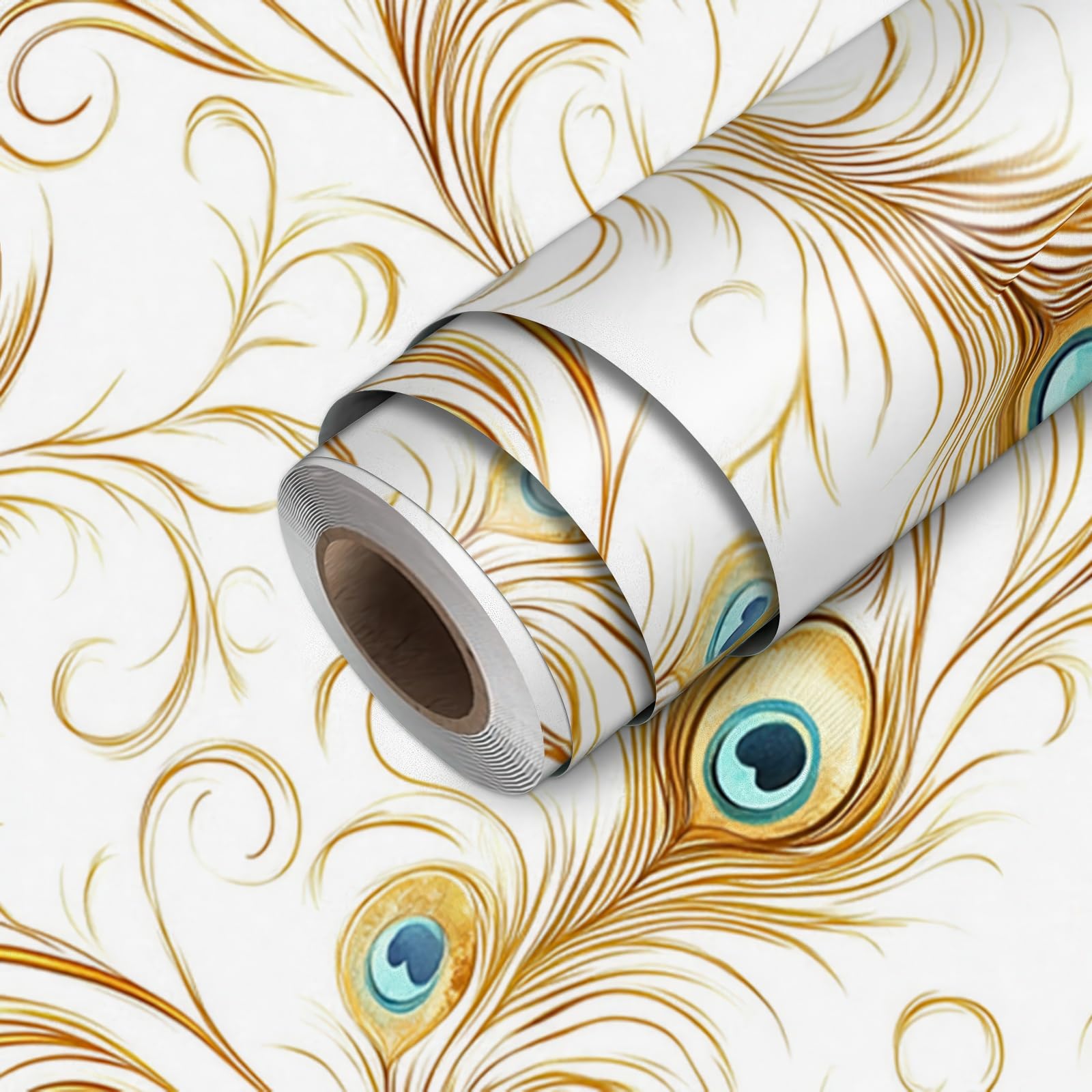 Photo 1 of HOMETITUTE Elegant Gold Peacock Feather Wallpaper Peel and Stick Contact Paper Wall Paper Stick 17.7" x 118.1" Self Adhesive Removable Vinyl Wall Covering Bedroom Kitchen Bathroom Home Decor
