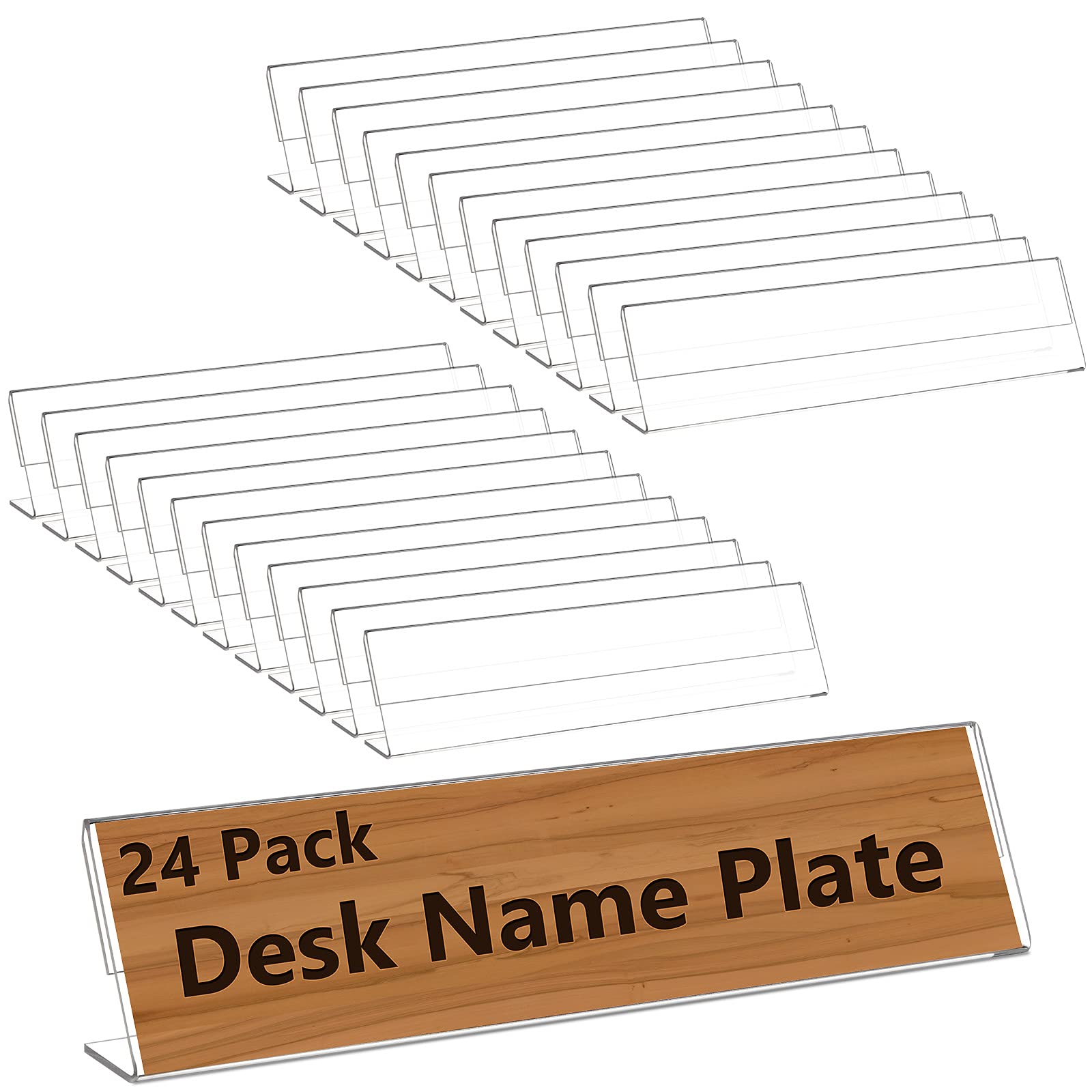 Photo 1 of Yalikop 24 Pcs Acrylic Name Plates for Desk 2 x 8 Inches Clear Slant Back Sign Holder Stand License Label Holder for Back to School Classroom Office Conference Business Meeting Table Display
