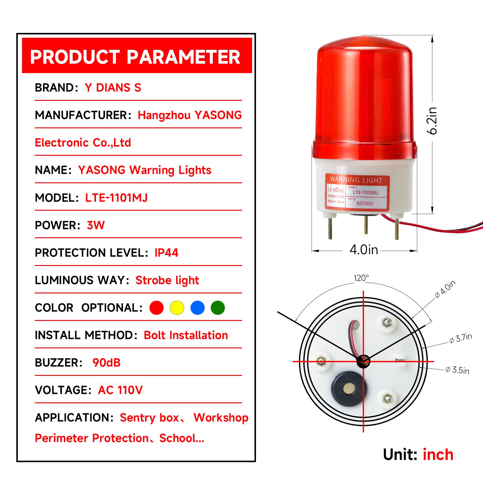 YASONG LTE-1101MJ Rotating Warning Light with 90dB Buzzer, AC110V-120V Industrial Beacon Alarm Lights Emergency Security Siren
