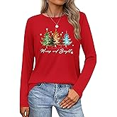 OCURHU Long Sleeve Christmas Shirts for Women Merry Christmas T-Shirt Cute Xmas Graphic Holiday Tops
