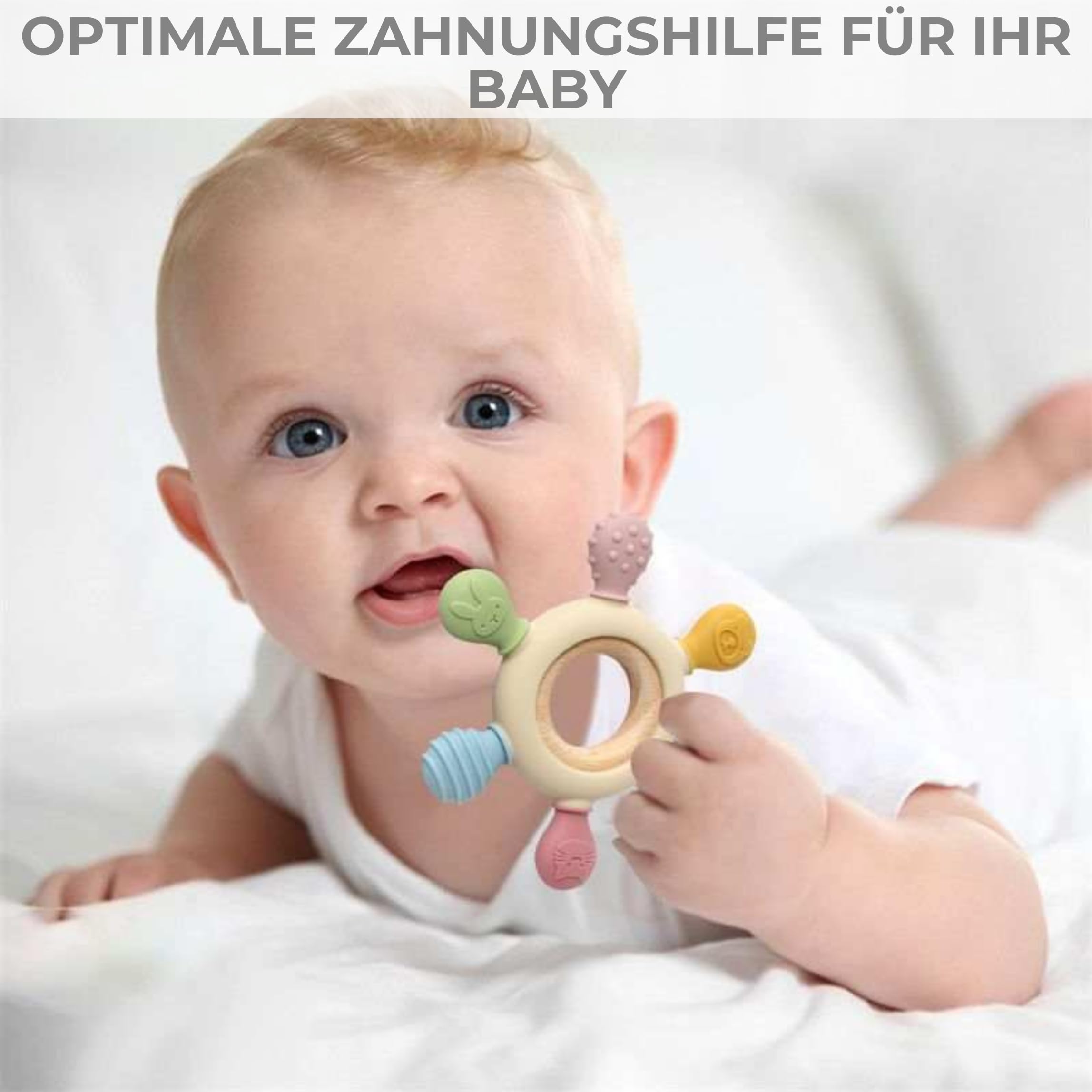 CAJA Beißring Baby BPA freie Zahnungshilfe und Beißspielzeug aus Silikon und Holz Greifring mit Tiermotiv Geschenkidee zur Geburt Sicheres Babyspielzeug für Jungen und Mädchen 7