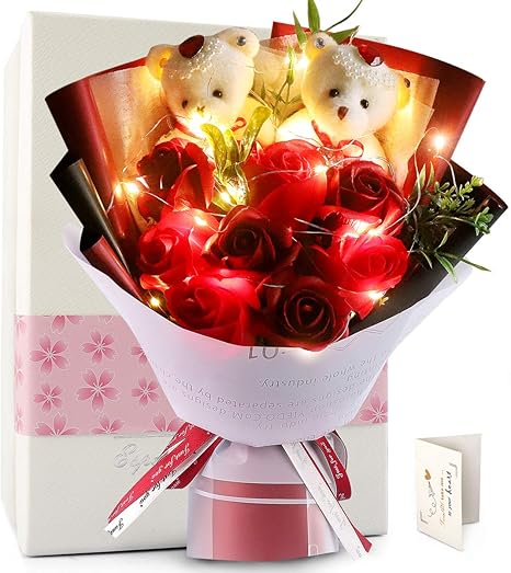 Amazon Fauhal Ledつきのバラ ソープフラワー 七夕造花 ベア 枯れない花 赤いバラ 石鹸花 バラ 造花 花束くま束 ブーケ 可愛いぬいぐるみ ベア2匹 ローズ８輪 创意プレゼント結婚式 記念日 誕生日 お礼用 成人式 バレンタインデー 雛祭り ホワイトデー お子さんに