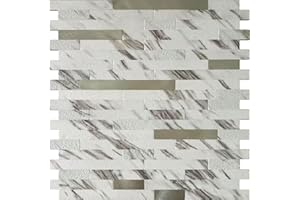 weimeisc 10-Sheet Peel and Stick Backsplash Tile, PVC Mixed Metal Stick on Backsplash Tiles for Kitchen (White Stone+Metal Silver)