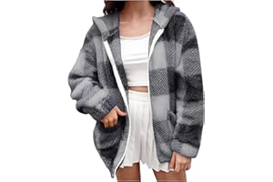 YAFINMO Womens Fuzzy Plaid Shacket Jacket Furry 2024 Spring Long Sleeve Button Down Warm Coats Fleece Lined Jackets