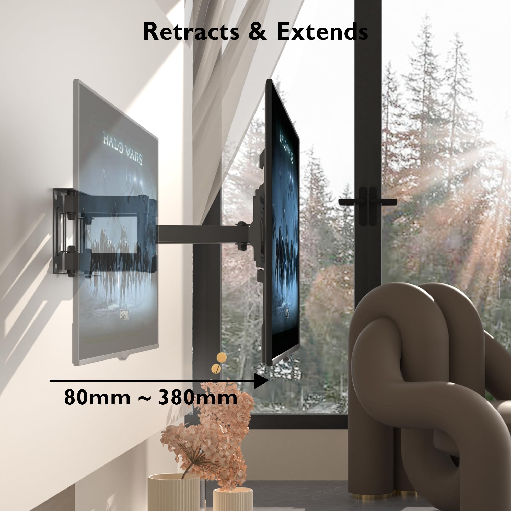 BONTEC TV Wall Mount for 23-70 Inch LED LCD, Swivels Tilts Extends Double Arm Full Motion TV Wall Bracket Holds up to 45kg, Includes HDMI Cable, Spirit Level, Max VESA 400x400mm