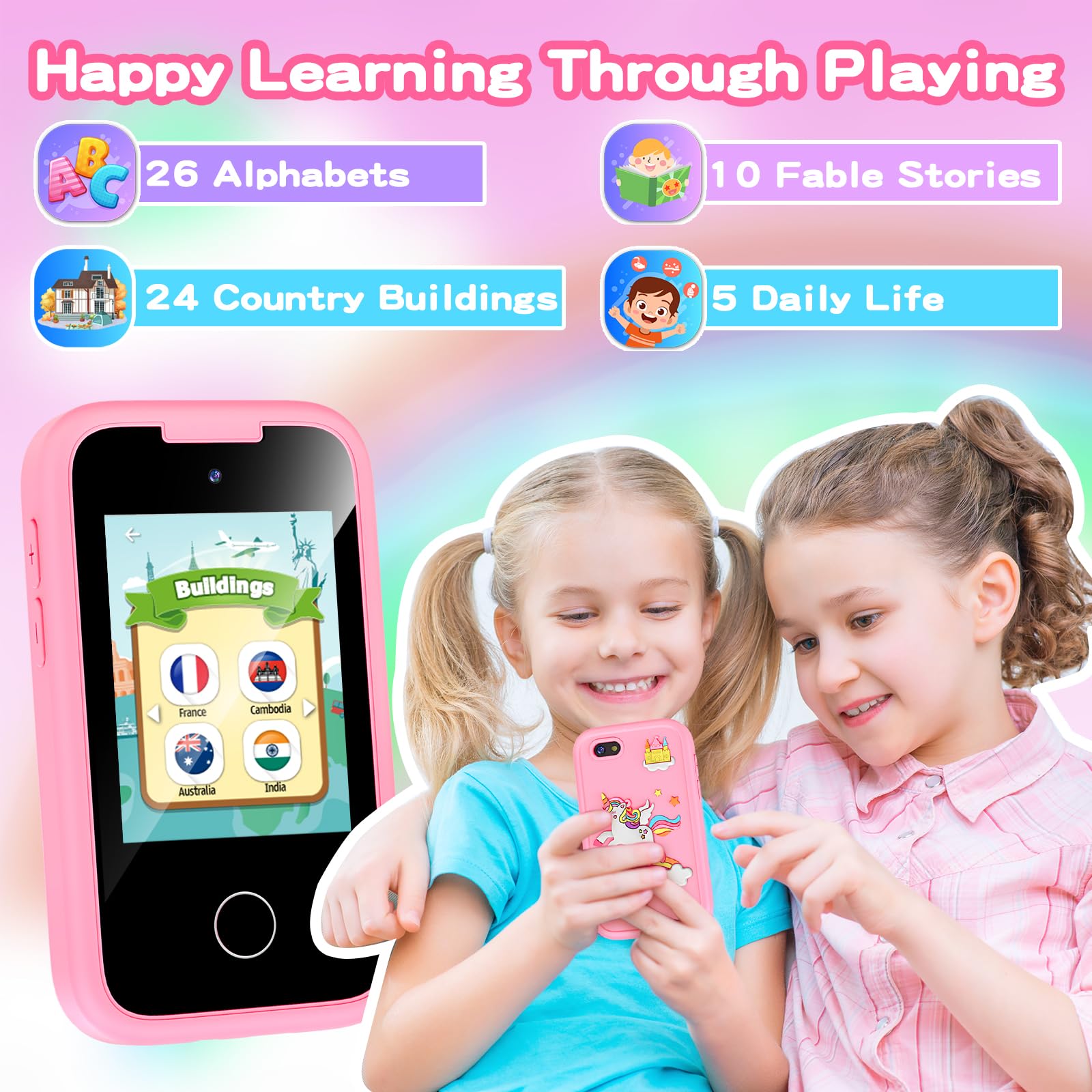 ASIUR Kids Smart Phone for Girls Children's Christmas Birthday Gift for Boys, Toddler Pretend Smartphone Play Fake Cellphone with Games, MP3 Music Player, 3 4 5 6 7 8 9 10 Years Old Toys(Pink)