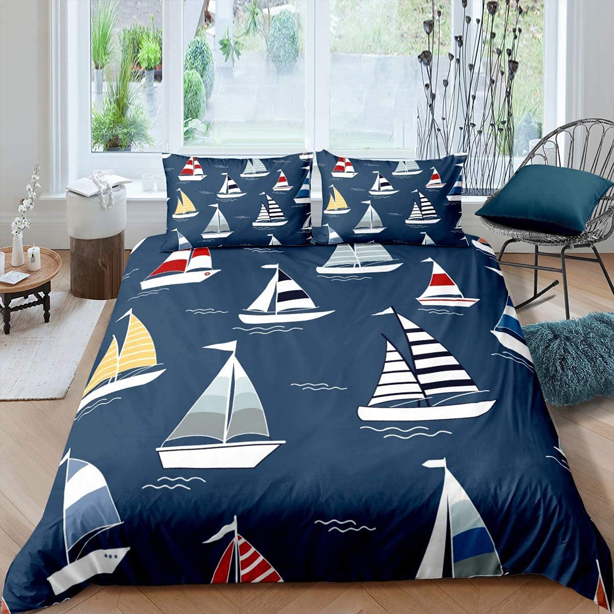 Sailboat Duvet Cover Nautical Decor Bedding Set Adventure At Sea Bedclothes King Kids Boys Girls Teens Summer Vacation Bedroom Decor Ocean Marine Themed Bedclothes 3Pcs