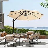 10ft Solar Lights Patio Umbrella Offset Cantilever LED Lighted Offset Hanging Patio Outdoor Market Umbrella with Easy Tilt and Crank for Backyard Garden Pool Deck