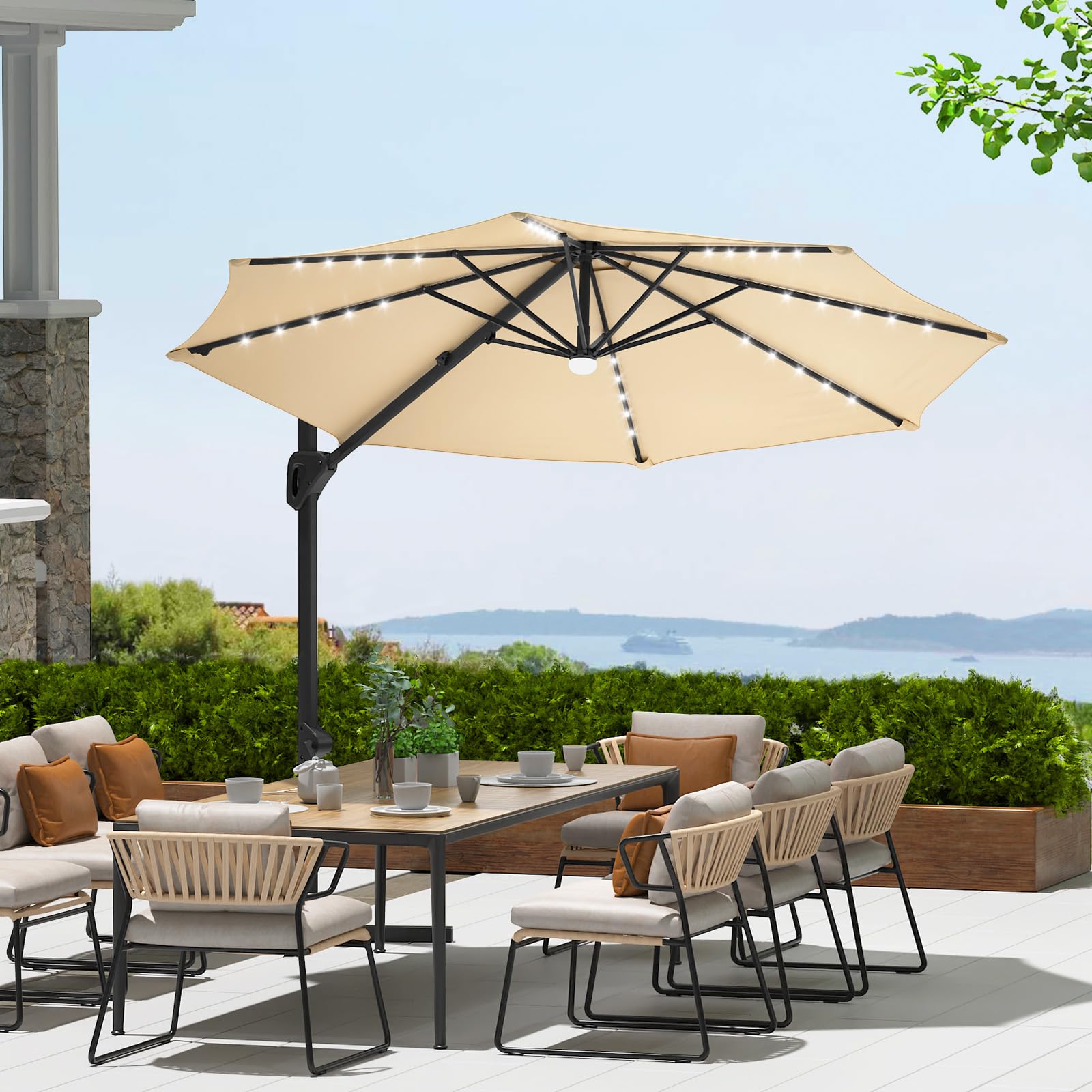 Photo 1 of 10ft Solar Lights Patio Umbrella Offset Cantilever LED Lighted Offset Hanging Patio Outdoor Market Umbrella with Easy Tilt and Crank for Backyard Garden Pool Deck