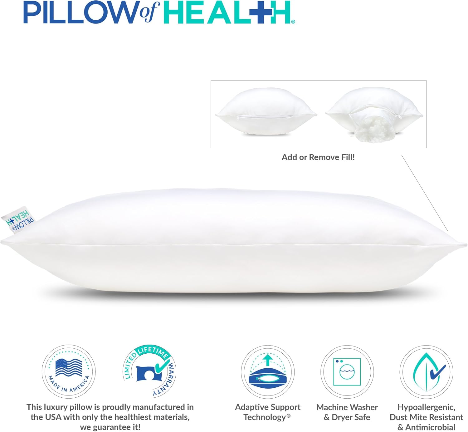 Pillow of Health Chiro Elite Adjustable Pillow, King Size 20" x 34", Customizable Firmness, Hypoallergenic, Antimicrobial, Cooling Wickable Cover, Medical Grade Pressure Relief: Home & Kitchen