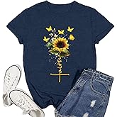 Ascrazy Womens Christian Shirts Faith Cross Sunflower Butterfly T-Shirt Bible Verse Religious Tee Tops