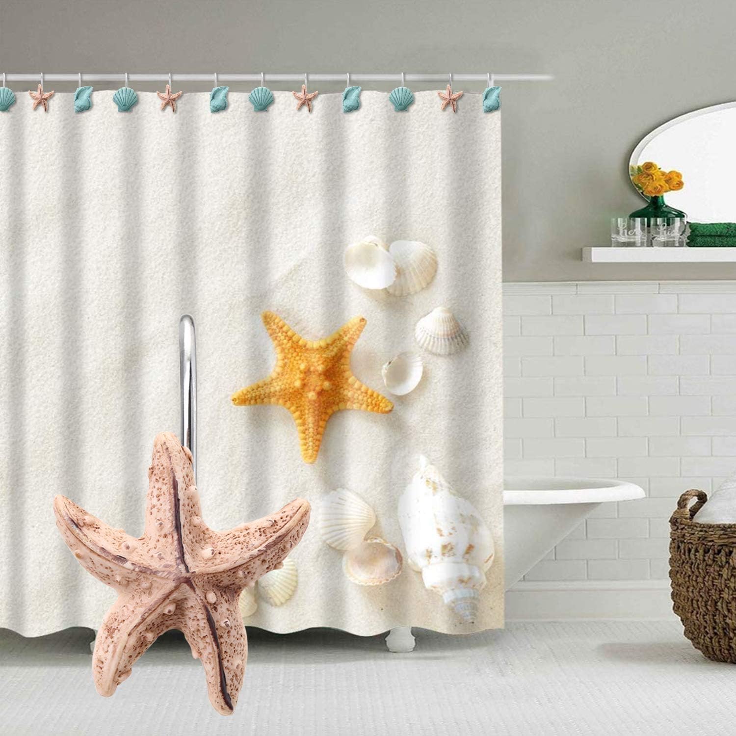 AGPTEK Shower Curtain Hooks, 12PCS Anti Rust Decorative Resin Hooks for Bathroom, Baby Room, Bedroom, Living Room Decor (Blue Seashell): Furniture & Decor