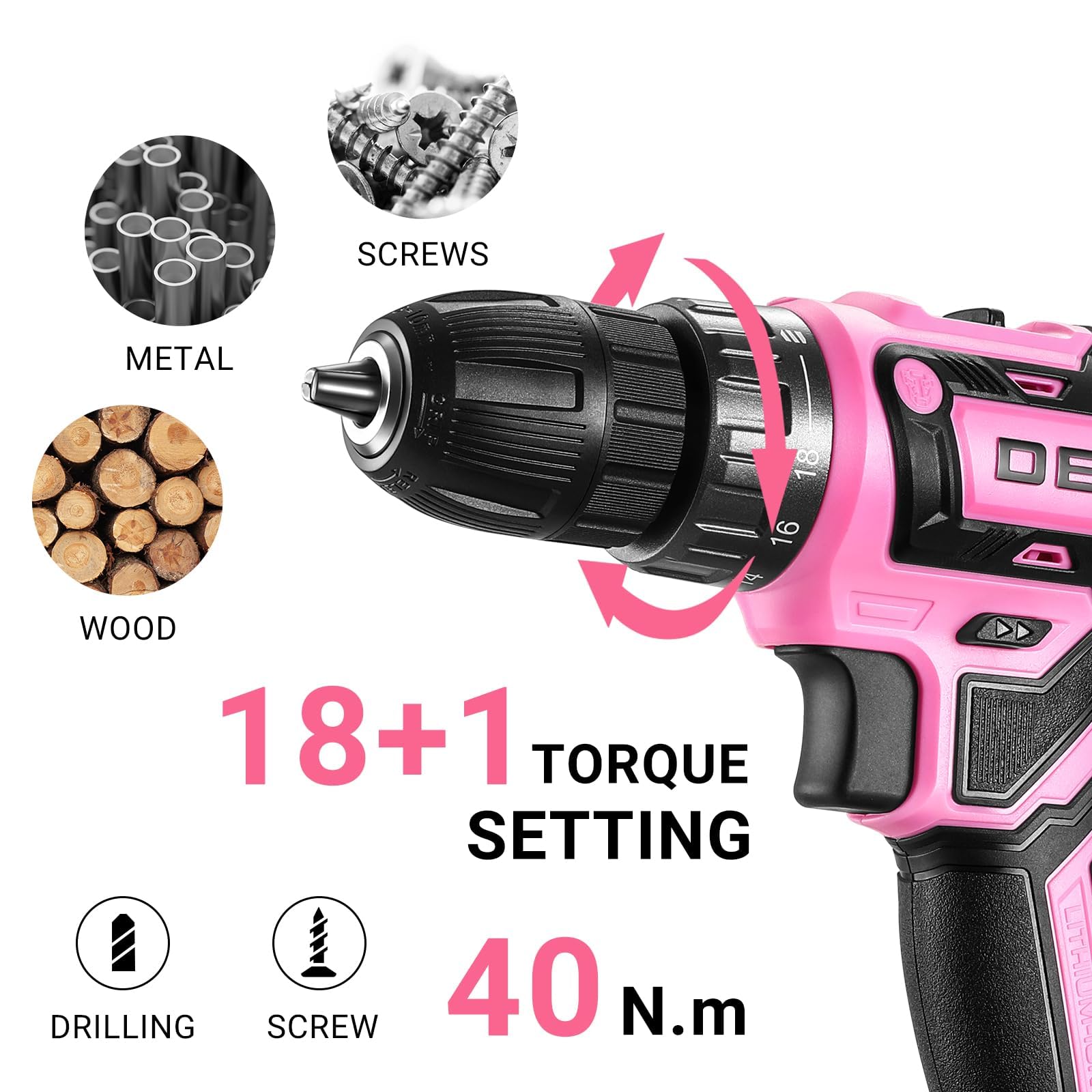 Power Drill Cordless: DEKOPRO Pink Cordless Drill 20V Electric Power Set Tool for Women Drills with Battery and Charger Drills Driver Kit