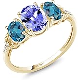 Gem Stone King 10K Yellow Gold Oval Blue Tanzanite London Blue Topaz and Diamond 3-Stone Women Engagement Ring (1.97 Cttw, Gemstone Birthstone)