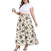 Lastshe Plus Size Maxi Skirt for Women Casual Elastic High Waist Boho Flowy A-line Spring Long Skirts with Pockets