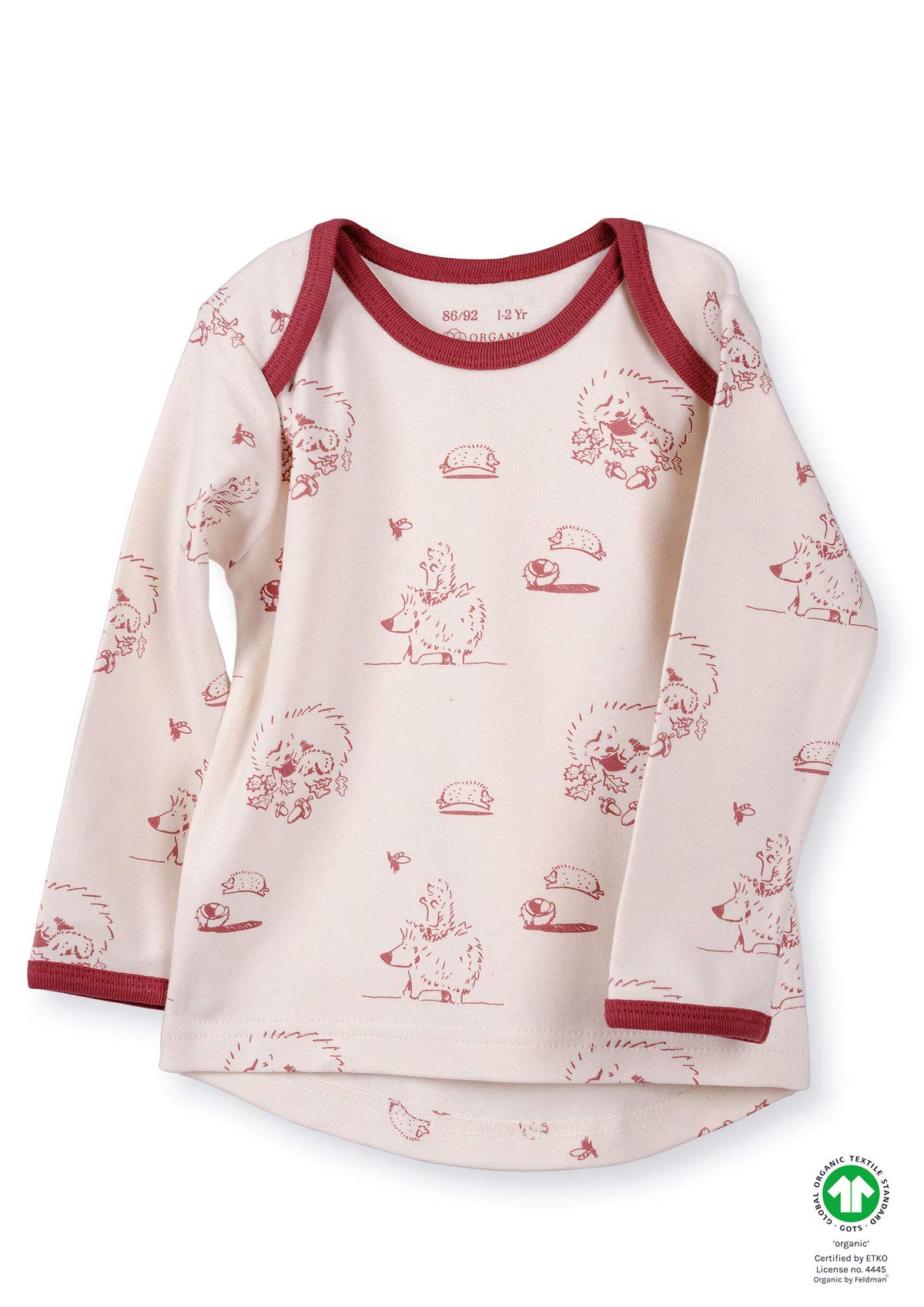 Organic by Feldman Long Sleeve Shirt 100% Organic Cotton Interlock GOTS Certified With Stretchy Collar Created Hem at the Back of the Hedgehog Child Nature beige Nature with Marsala print 86/92