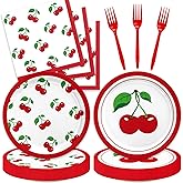 48Pcs Cherry Birthday Decorations Summer Fruit Theme Tableware Set Disposable Plates Napkins Forks Serves 16 Baby Shower Cherry Party Decorations