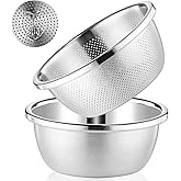 POPGRADE 304 Stainless Steel Colander with Bowl, 5-Qt Large Rice Washing Bowl Colander Food Strainers Set, Fruit Vegetable Wa