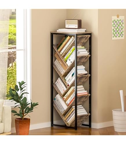 Tree Bookshelf With Light – 6-Tier Tall Shelf For Narrow Spaces, Adjustable Feet, Rustic Brown Display Shelf