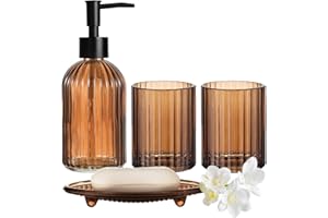 Brown Bathroom Accessories Set, Glass Bathroom Accessory Sets Complete Includes Soap Dispenser, Toothbrush Holder, Mouthwash 