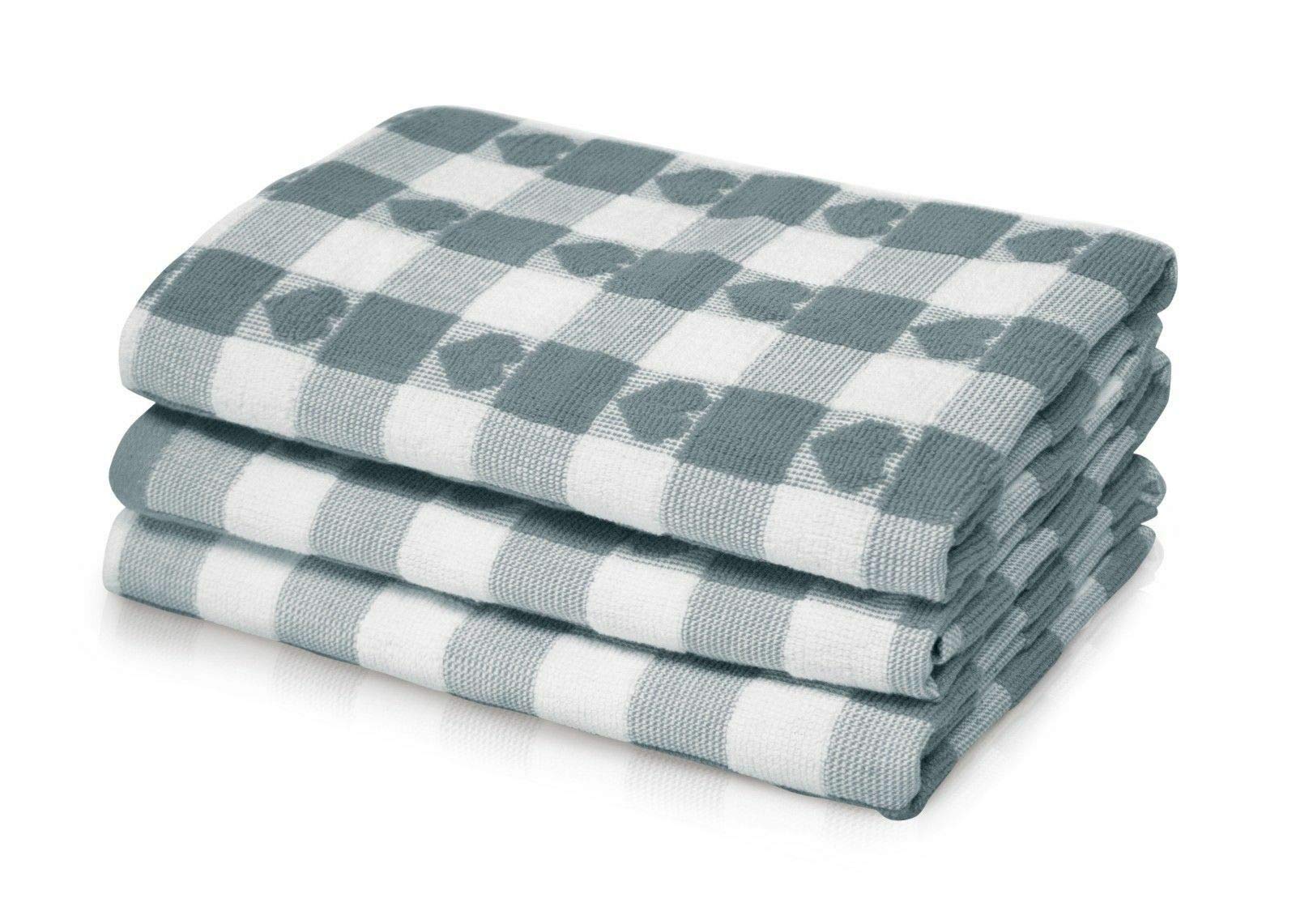 100% Cotton Woven Hearts Tea Towels 3 Pack Large 50cm x 70cm Super Absorbent Kitchen Towel (grey)