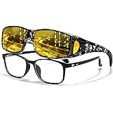 LVIOE Wrap Around Night-Vision Glasses, Fit Over Prescription Glasses with Polarized Yellow Lens Night-Driving Glasses
