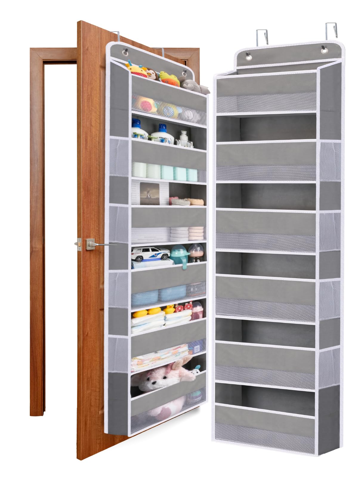 WishJazz Over Door Storage Hanging Organiser, 6 Large Pockets 8 Side Pockets, Anti Tilt 50 lb Back of Door Organiser with Clear Window for Bathroom, Nursery, Pantry, Baby Clothes Storage (Grey)