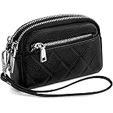 SENDEFN Women's Coin Purse Genuine Leather Wallet 3 Zippers Change Pouch with Wristlet