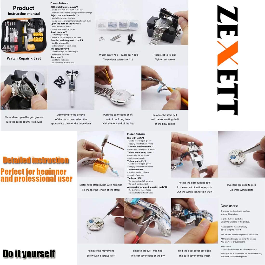 ZEXETT Watch Repair Tool Kit, 200 PCS Professional Spring Bar Tool Set with User Manual, Case Opener Spring Bar Watch Band Link Tool Set with Carry Case: Home Improvement