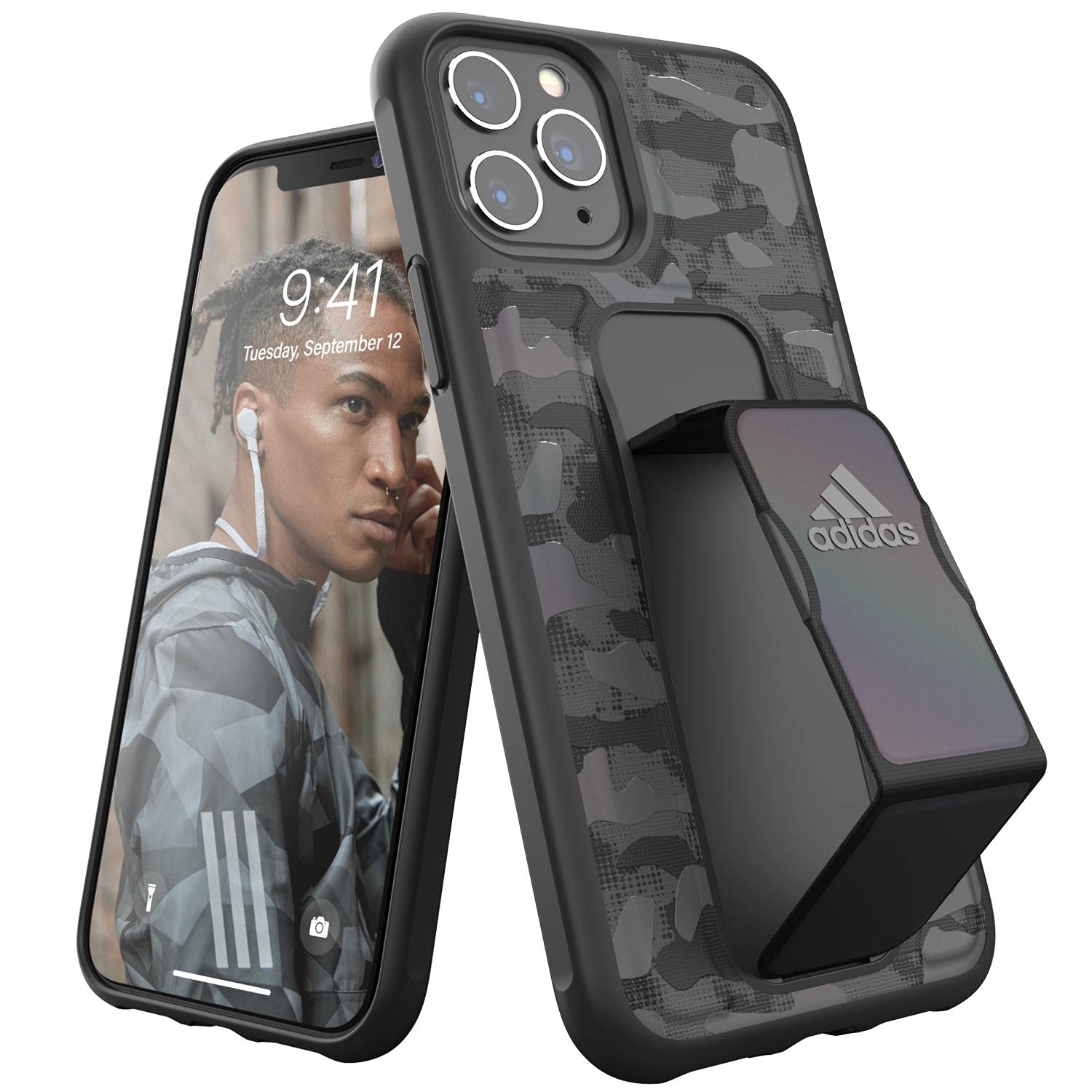 adidas Sports Compatible with iPhone 11 Pro Case, Grip Handle Stand, Protective Phone Cover - Camo Black