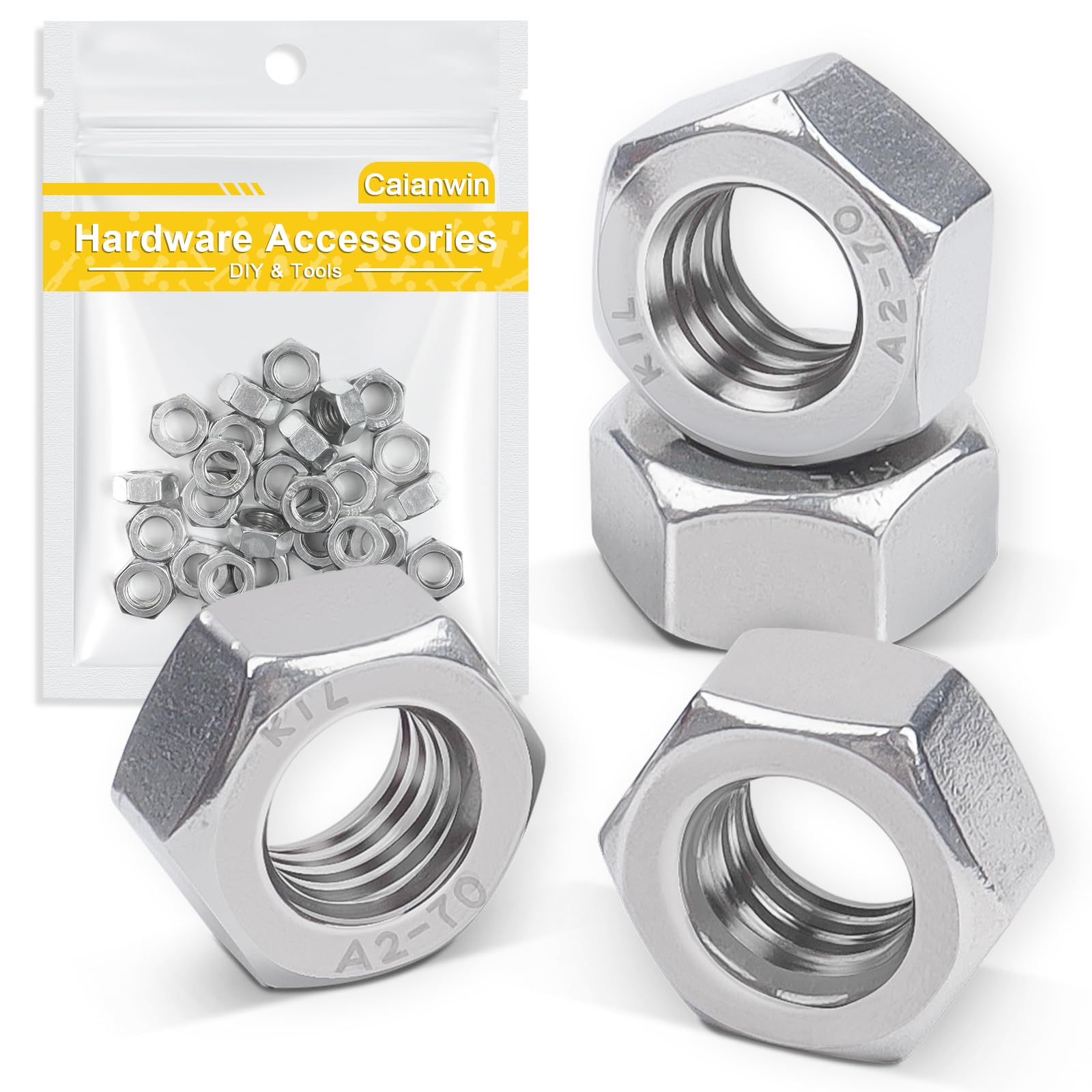 Caianwin Stainless Hex Nuts DIN934 304 Stainless Steel Nuts for Lndustrial Construction Fasteners (10, M12)