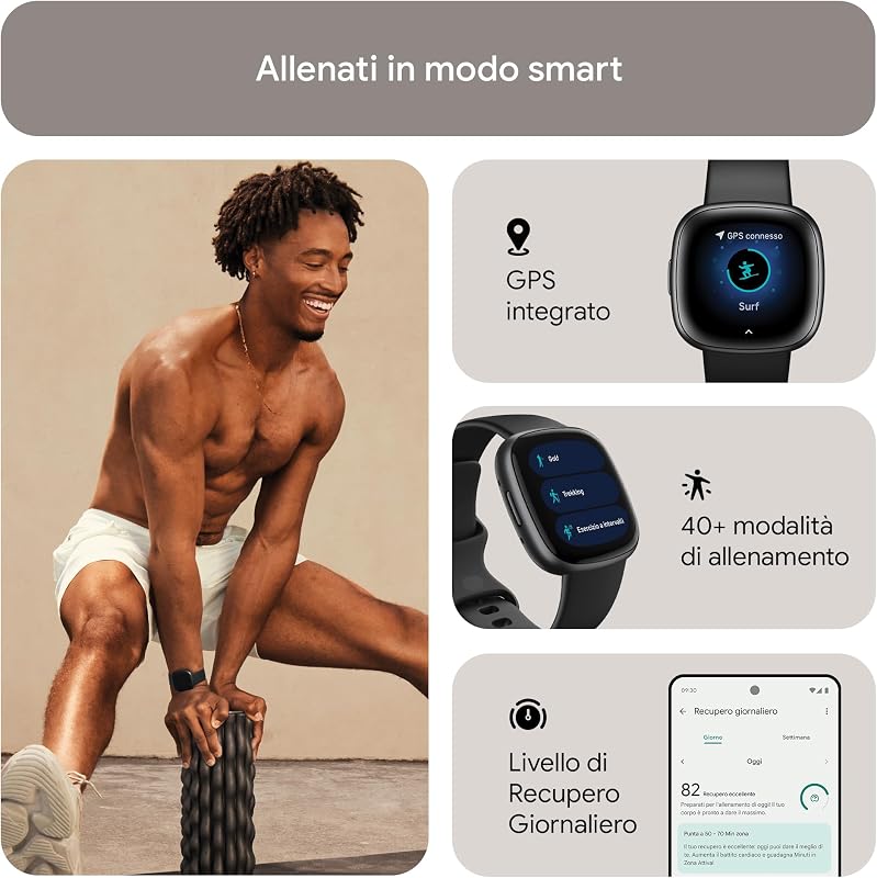 Versa 4 Smartwatch per il fitness con abbonamento Google Health Premium di 3 mesi incluso, fino a 6 giorni di autonomia e compatibile con iOS & Android, Nero / Alluminio grigio grafite