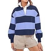 JEIBKOUY Womens Striped Color Block Polo Sweatshirt Y2k Long Sleeve Lapel Collar Rugby Shirt Button V Neck Pullover Crop Tops