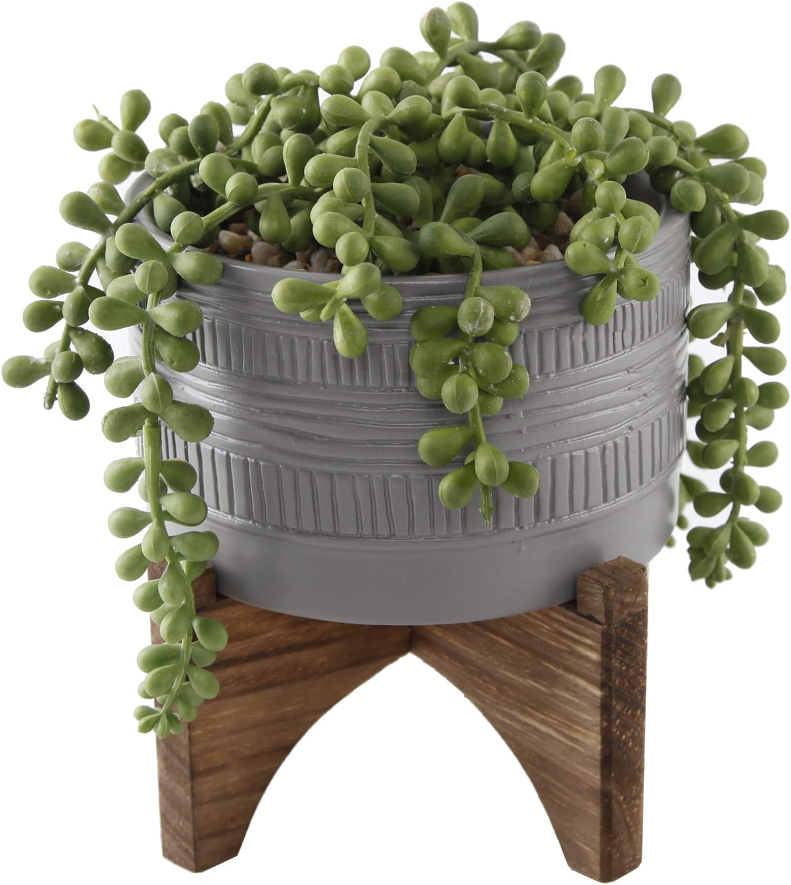 Flora Bunda Artificial Succulent Faux Plant 5 inch String of Pearl in Pueblo Ceramic Planter on Stand,String of Pearl 5" Grey