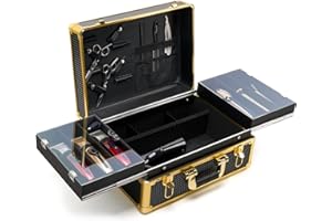 MoyRetty Professional Barber Case Organizer, Large Storage Capacity, Gold & Black, Travel Hair Stylist Tool Box with Compartments