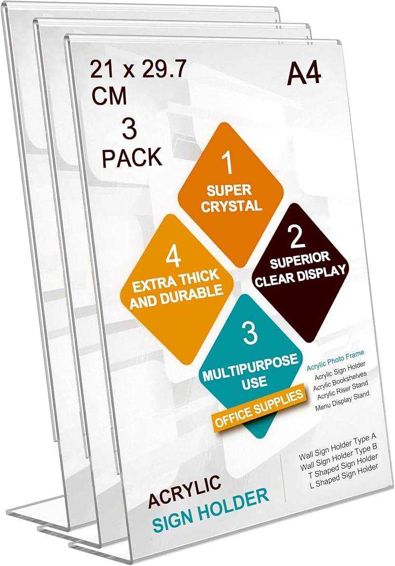 ROSshine A4 Menu Holders 3 Pack Slant Back Acrylic Sign Holder Clear Poster