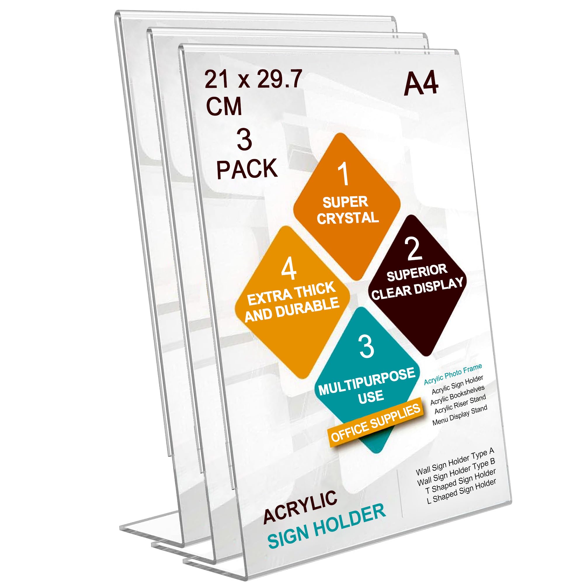 ROSSHINE A4 Menu Holders, 3pack Slant Back Acrylic Sign Holder, A4 Clear Poster Holder Perspex Display Stand for Office School Home Restaurant