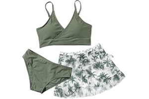 URMAGIC Girls 3 Piece Swimsuits Bathing Suit Cute Ruffle Floral Print Bikini Set with Skirt Kids Swimwear Size 9-14 Years