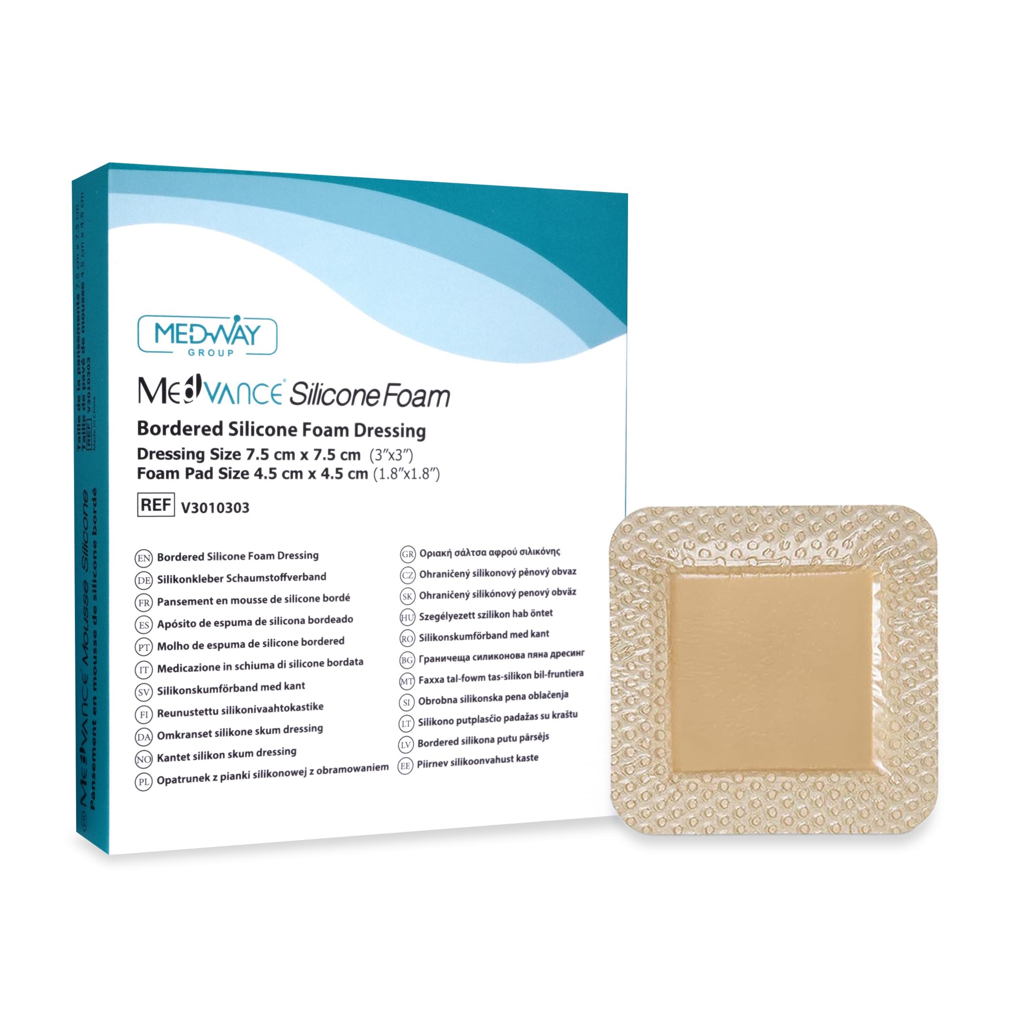 MedVanceTM Silicone - Bordered Silicone Adhesive Foam Dressing, Size 3"x3", (1.8"x1.8" pad), Box of 5 dressings